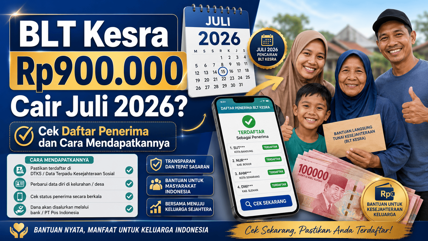 BLT Kesra Rp900.000 Cair Juli 2026, Cek Daftar Penerima dan Cara Mendapatkannya